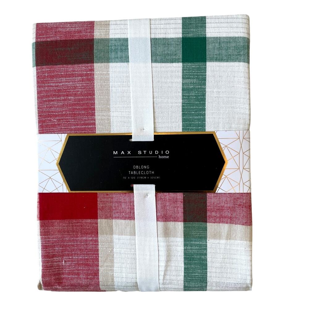 Max Studio Christmas Tablecloth 70x120 Oblong Holiday Plaid Red Green White NEW